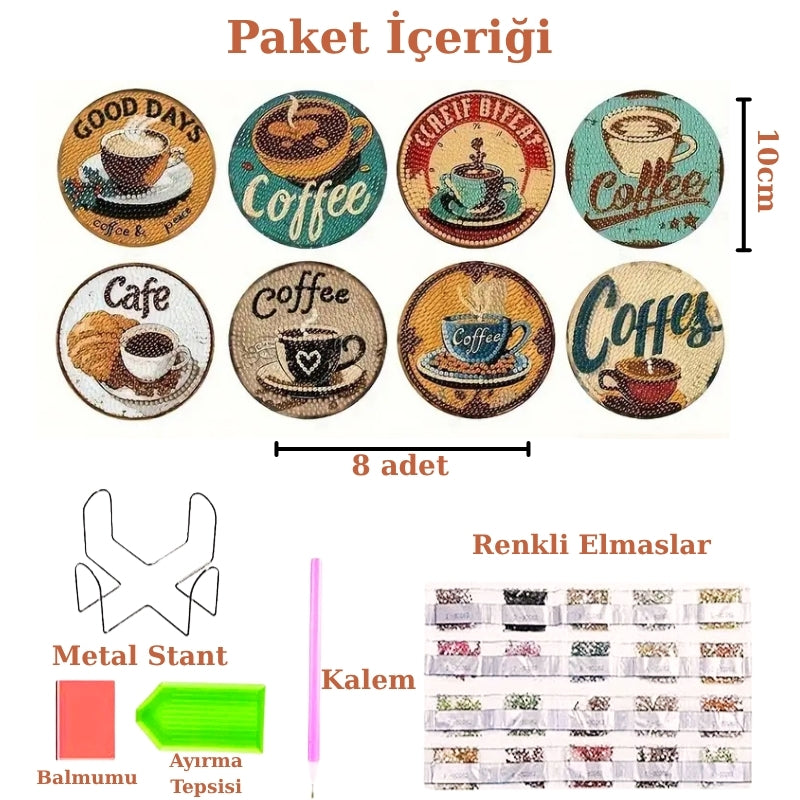 Kahve Temalı Elmas Boyama Bardak Altlığı Seti