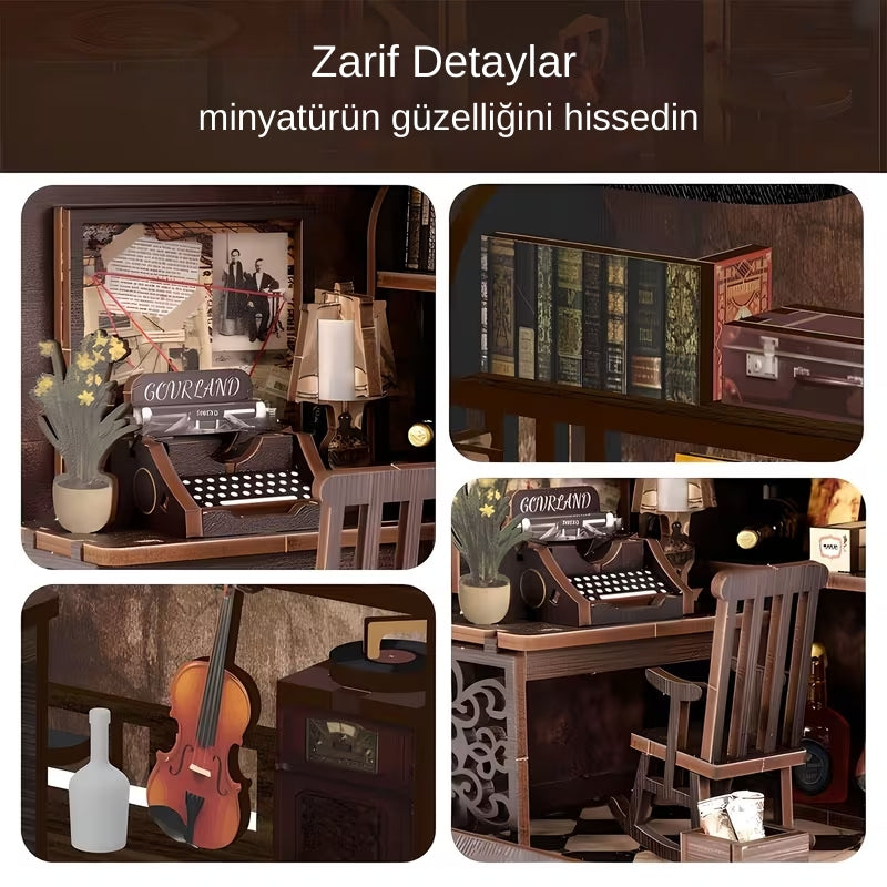 Dedektif Ofisi Book Nook Minyatür Kitaplık Dekoru – LED Işıklı DIY Ahşap Model Seti