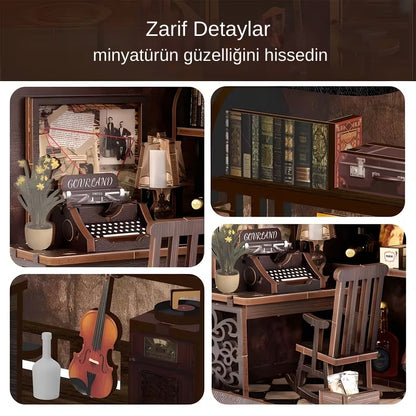 Dedektif Ofisi Book Nook Minyatür Kitaplık Dekoru – LED Işıklı DIY Ahşap Model Seti