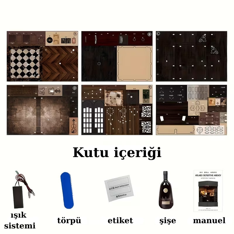 Dedektif Ofisi Book Nook Minyatür Kitaplık Dekoru – LED Işıklı DIY Ahşap Model Seti