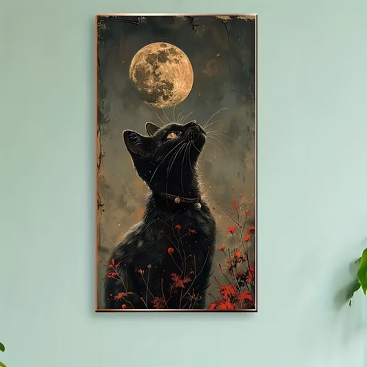 Siyah Kedi & Dolunay Temalı Elmas Boyama Tablo – 40x70 cm, DIY Kendin Yap Diamond Painting Seti