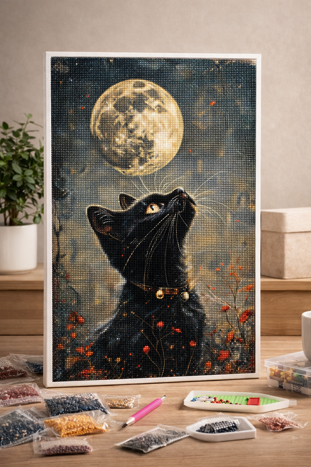 Siyah Kedi & Dolunay Temalı Elmas Boyama Tablo – 40x70 cm, DIY Kendin Yap Diamond Painting Seti