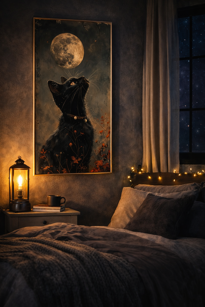 Siyah Kedi & Dolunay Temalı Elmas Boyama Tablo – 40x70 cm, DIY Kendin Yap Diamond Painting Seti
