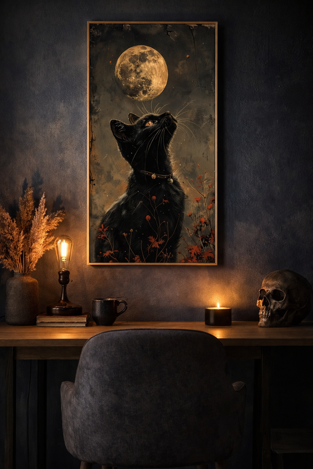 Siyah Kedi & Dolunay Temalı Elmas Boyama Tablo – 40x70 cm, DIY Kendin Yap Diamond Painting Seti