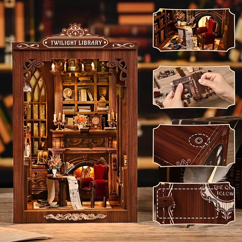 Twilight Library Book Nook – LED’li Dekoratif Minyatür Kütüphane Maket Kiti, Kendin Yap