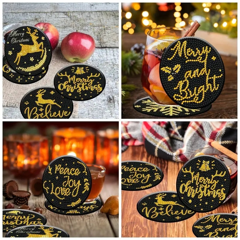 Altın Yılbaşı Temalı Elmas Boyama Bardak Altlığı Seti