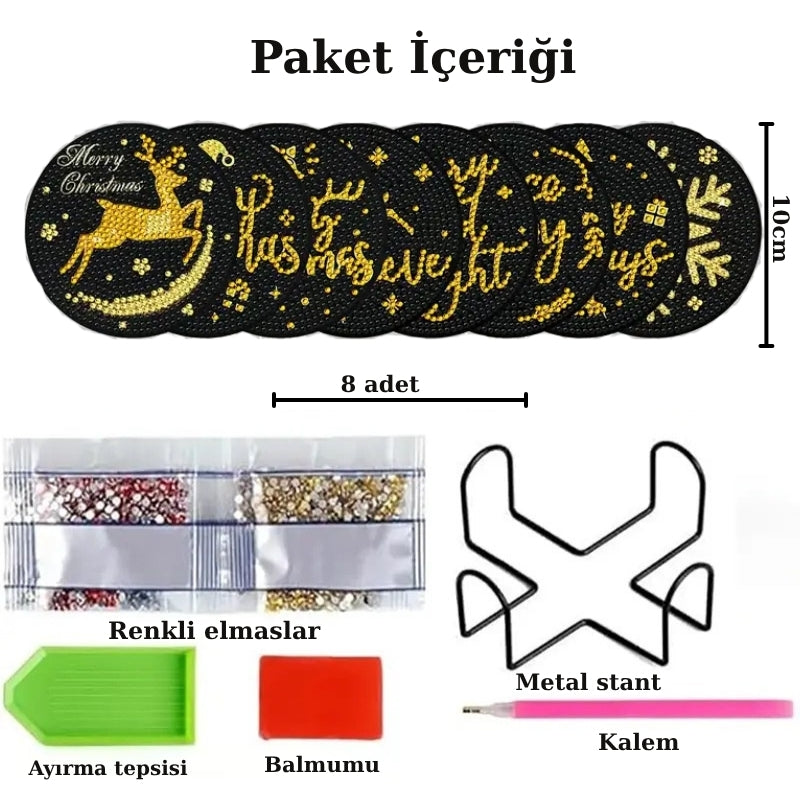 Altın Yılbaşı Temalı Elmas Boyama Bardak Altlığı Seti