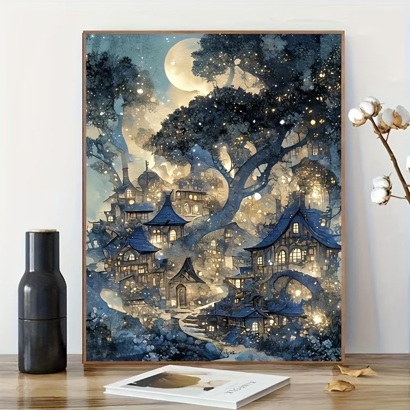Ay Işığında Masal Köyü Temalı Elmas Boyama Tablo – 30x40 cm DIY Diamond Painting Seti