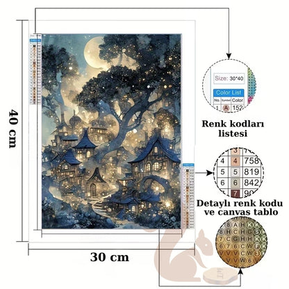 Ay Işığında Masal Köyü Temalı Elmas Boyama Tablo – 30x40 cm DIY Diamond Painting Seti
