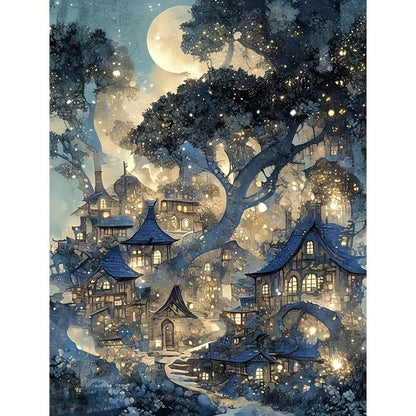Ay Işığında Masal Köyü Temalı Elmas Boyama Tablo – 30x40 cm DIY Diamond Painting Seti