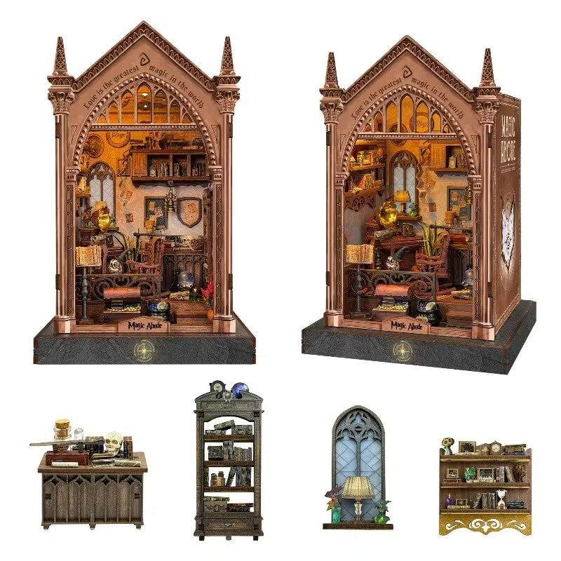 Magic Abode Book Nook – LED Işıklı Sihirli Çalışma Odası Minyatür Kitaplık DIY Ahşap Maket Kiti