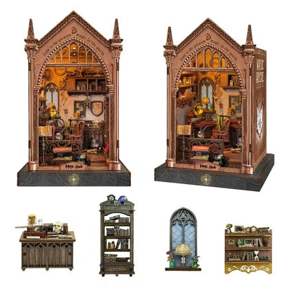 Magic Abode Book Nook – LED Işıklı Sihirli Çalışma Odası Minyatür Kitaplık DIY Ahşap Maket Kiti