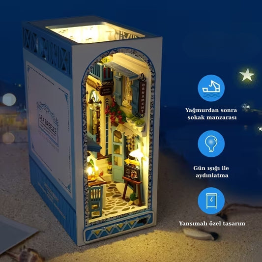 Sea Breeze Book Nook Minyatür Model – LED Işıklı Akdeniz Sokak Temalı DIY Ahşap Kitaplık Dekoru