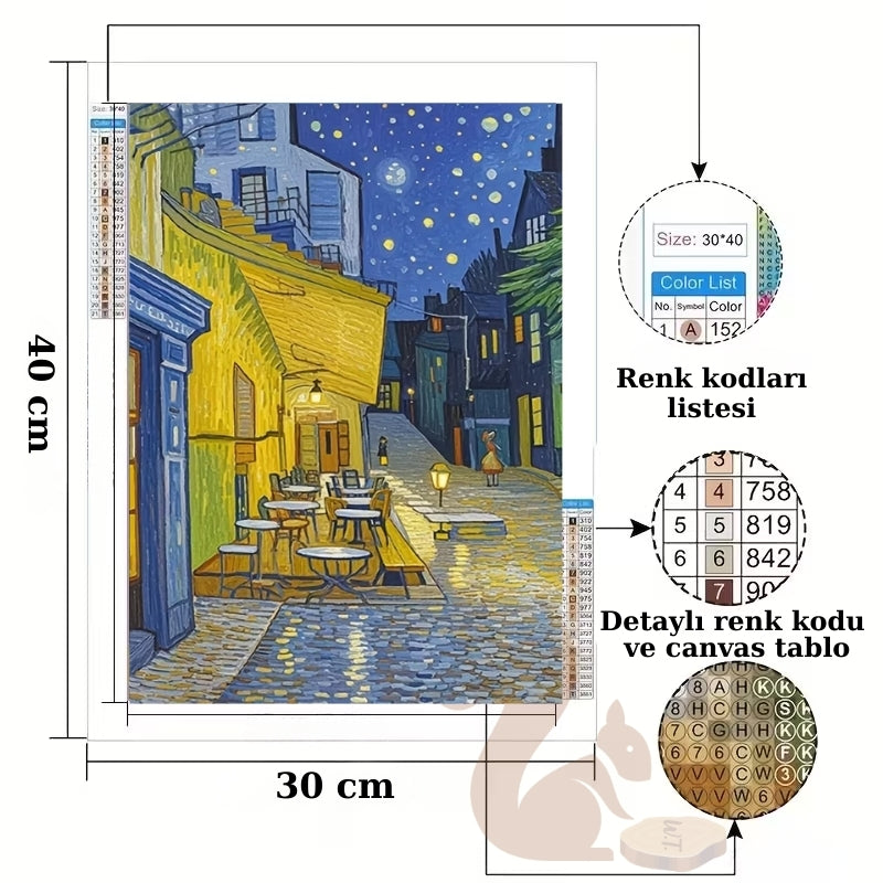 Yıldızlı Gece Kafe Sokak Temalı Elmas Boyama Tablo – 30x40 cm DIY Diamond Painting Hobi Seti