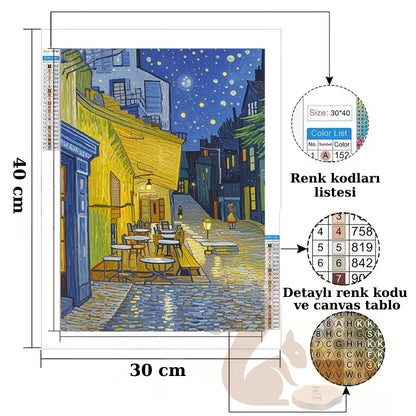 Yıldızlı Gece Kafe Sokak Temalı Elmas Boyama Tablo – 30x40 cm DIY Diamond Painting Hobi Seti
