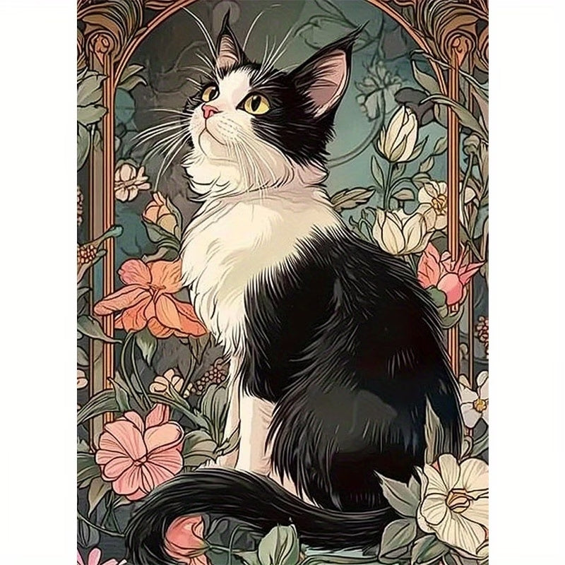 Çiçek Bahçesinde Kedi Temalı Elmas Boyama Tablo – 30x40 cm DIY Diamond Painting Hobi Seti