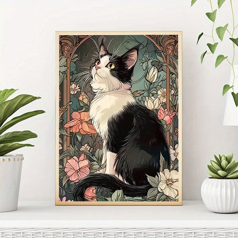 Çiçek Bahçesinde Kedi Temalı Elmas Boyama Tablo – 30x40 cm DIY Diamond Painting Hobi Seti