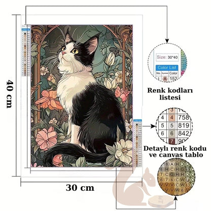 Çiçek Bahçesinde Kedi Temalı Elmas Boyama Tablo – 30x40 cm DIY Diamond Painting Hobi Seti