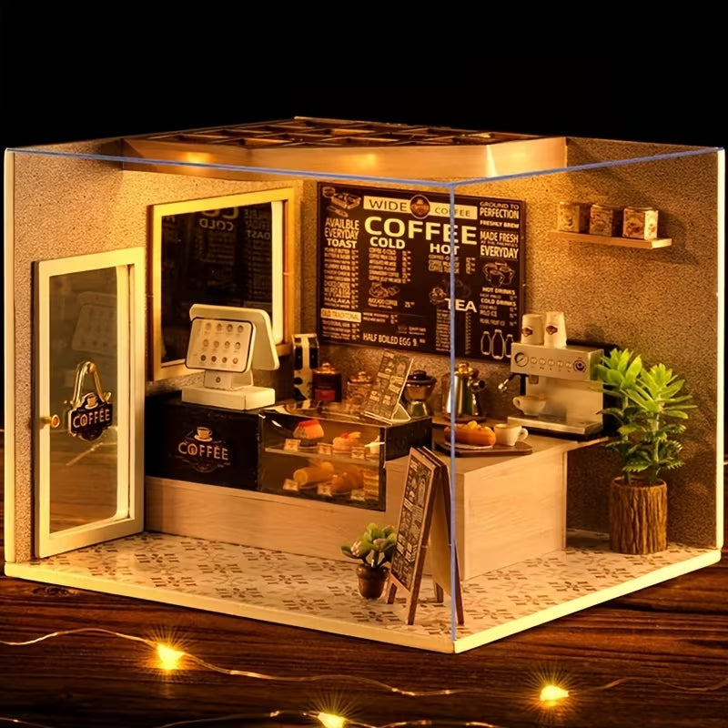 WoodenThings Wide Coffee Shop Mini Diorama – LED’li Dekoratif Minyatür Kafe Maketi, Kendin Yap