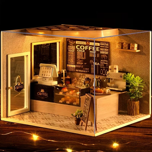 WoodenThings Wide Coffee Shop Mini Diorama – LED’li Dekoratif Minyatür Kafe Maketi, Kendin Yap