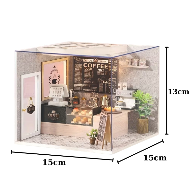 WoodenThings Wide Coffee Shop Mini Diorama – LED’li Dekoratif Minyatür Kafe Maketi, Kendin Yap